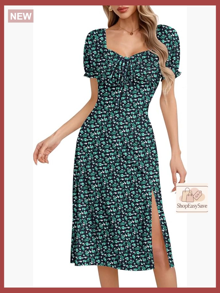 Floral Midi Dress Puff Sleeve Side Split A-Line Sundress Summer Casual Chic